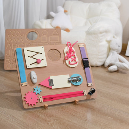 Montessori Wooden Busy Board Zipping, shoeslace, doors with ABC Tracing Pastel Busy Board Toy