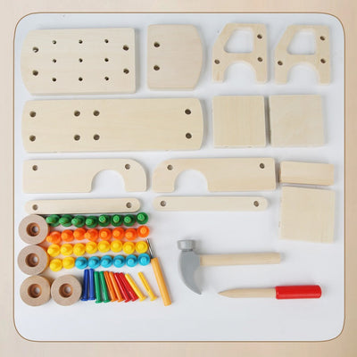 Camion de Construction en Bois, Ensemble d'Outils de Plus de 60 Pièces, Marteau, Jouet à Clouer