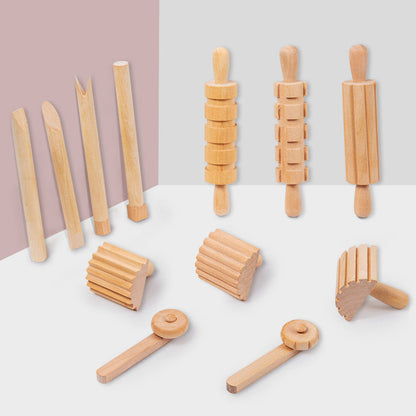Wooden Sensory Playdough Roller Pin Set Tool Kit 12 pieces