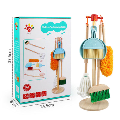 Kit de nettoyage balai, pelle, serpillère, plumeau et brosse en bois avec support