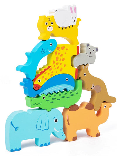 Jeu d'équilibre et d'empilage en blocs d'animaux en bois