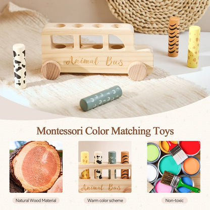 Wooden Pop Up Peg Push Rolling LIttle Car Bus Toy