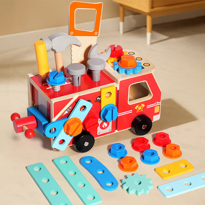 Ensemble d'outils de construction en bois - Camion, boulons, écrous et voiture à visser
