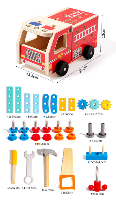 Ensemble d'outils de construction en bois - Camion, boulons, écrous et voiture à visser