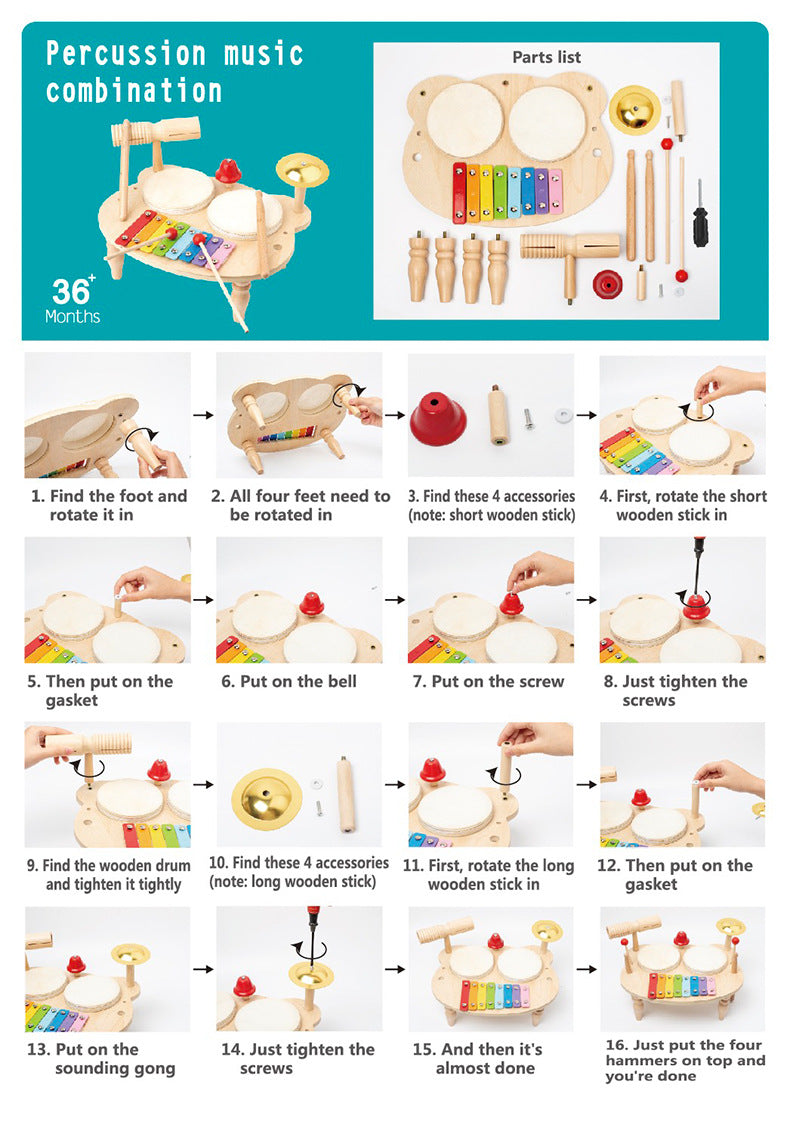 Wooden Kids Percussion Music Set with Bell Musical Chime Drum and Xylophone