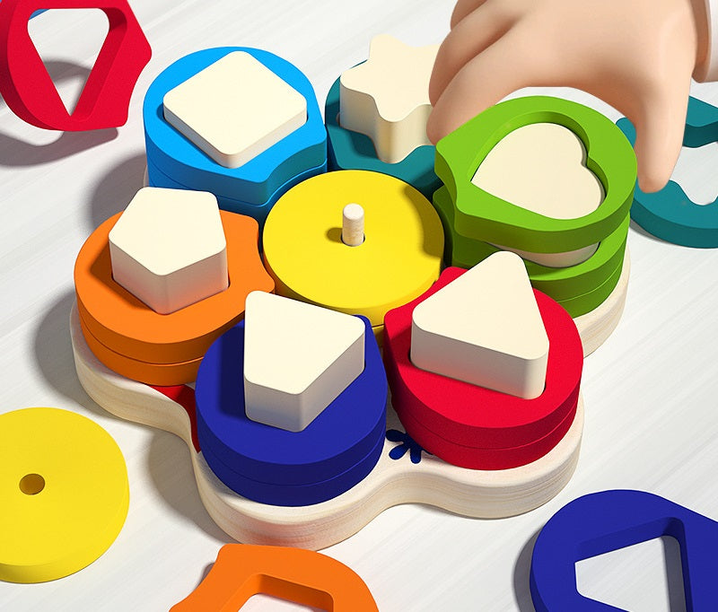 Wooden Toddler Flower Colour & Shape Sorting Board Stacking Toy
