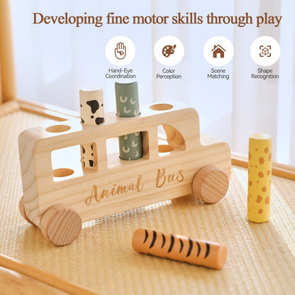 Wooden Pop Up Peg Push Rolling LIttle Car Bus Toy