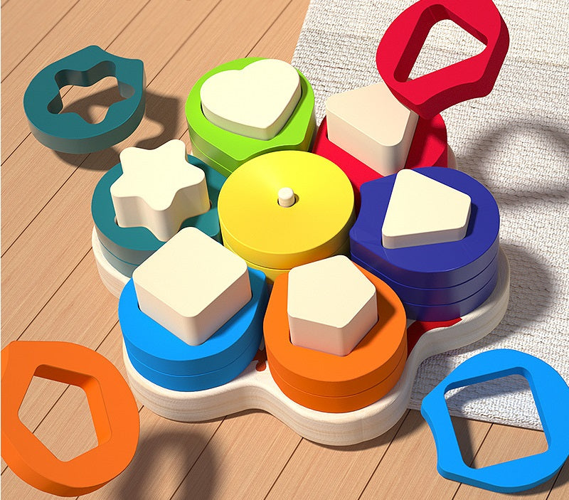 Wooden Toddler Flower Colour & Shape Sorting Board Stacking Toy