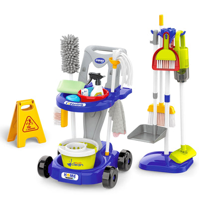 Kids Play Trolley Cleaning Set - Educational Toy Cleaning Set for Toddlers, Children’s Role Play Cleaning Tools with Housekeeping Cart, Broom, and Dust Pan, 12 Pieces Pretend Play Set for Boys and Girls Ages 3-8