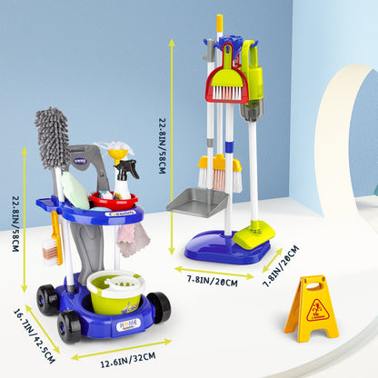 Kids Play Trolley Cleaning Set - Educational Toy Cleaning Set for Toddlers, Children’s Role Play Cleaning Tools with Housekeeping Cart, Broom, and Dust Pan, 12 Pieces Pretend Play Set for Boys and Girls Ages 3-8
