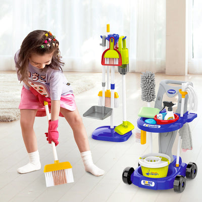 Kids Play Trolley Cleaning Set - Educational Toy Cleaning Set for Toddlers, Children’s Role Play Cleaning Tools with Housekeeping Cart, Broom, and Dust Pan, 12 Pieces Pretend Play Set for Boys and Girls Ages 3-8
