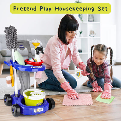 Kids Play Trolley Cleaning Set - Educational Toy Cleaning Set for Toddlers, Children’s Role Play Cleaning Tools with Housekeeping Cart, Broom, and Dust Pan, 12 Pieces Pretend Play Set for Boys and Girls Ages 3-8