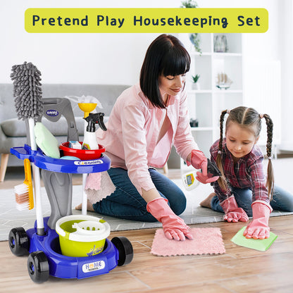 Kids Play Trolley Cleaning Set - Educational Toy Cleaning Set for Toddlers, Children’s Role Play Cleaning Tools with Housekeeping Cart, Broom, and Dust Pan, 12 Pieces Pretend Play Set for Boys and Girls Ages 3-8