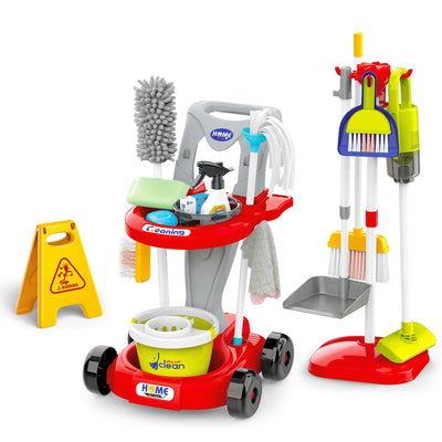 Kids Play Trolley Cleaning Set - Educational Toy Cleaning Set for Toddlers, Children’s Role Play Cleaning Tools with Housekeeping Cart, Broom, and Dust Pan, 12 Pieces Pretend Play Set for Boys and Girls Ages 3-8