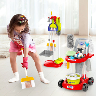 Kids Play Trolley Cleaning Set - Educational Toy Cleaning Set for Toddlers, Children’s Role Play Cleaning Tools with Housekeeping Cart, Broom, and Dust Pan, 12 Pieces Pretend Play Set for Boys and Girls Ages 3-8