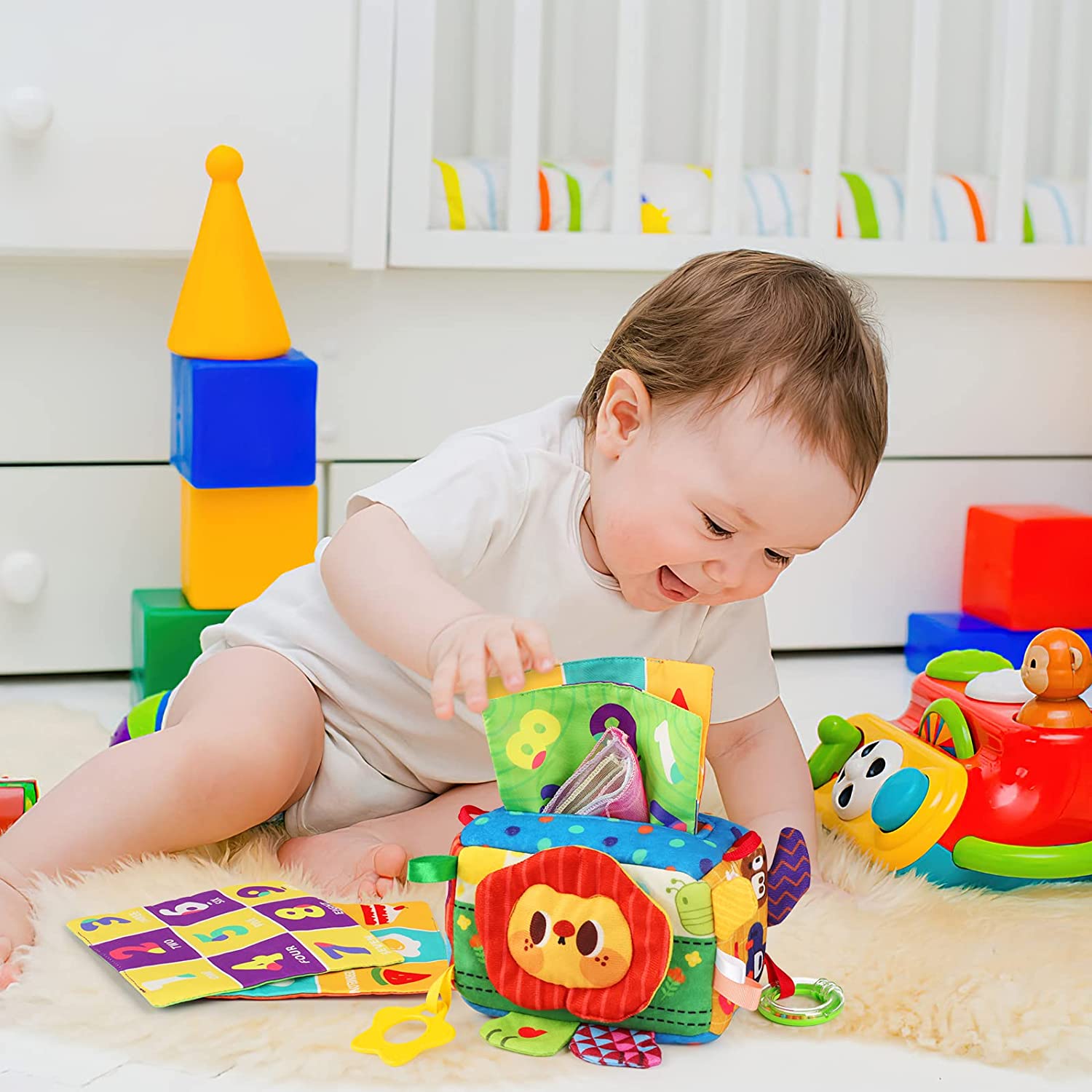 Baby Tissue Box Toy Baby Sensory Toys Early Year Educational Learning Baby Magic Tissue Box with Rattle Mirror Crinkle Tissue Papers Scarves