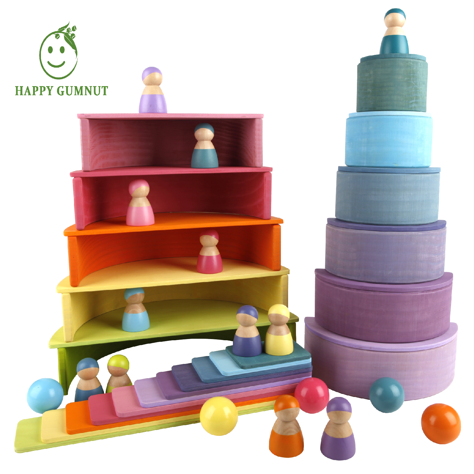 Pastel Colour Rainbow Stacking Bundle Semi-Circle Board, 12 Peg dolls