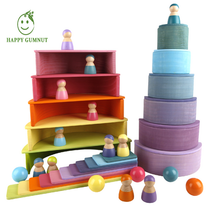 Pastel Colour Rainbow Stacking Bundle Semi-Circle Board, 12 Peg dolls