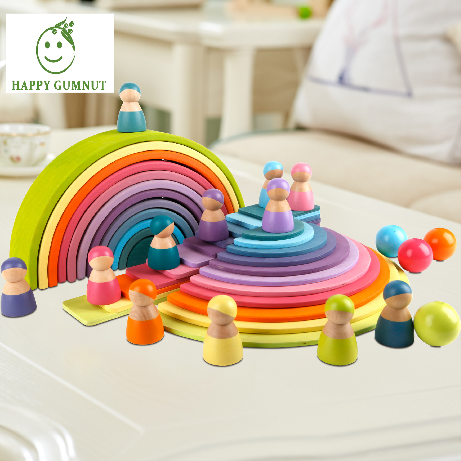 Pastel Colour Rainbow Stacking Bundle Semi-Circle Board, 12 Peg dolls