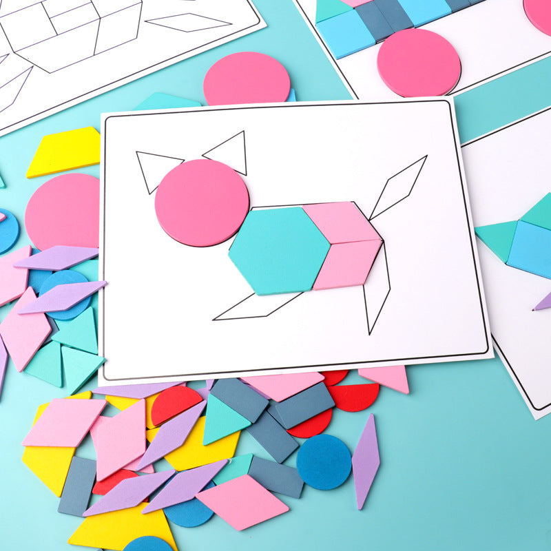 180pc Wooden Pattern Blocks  Geometric Pastel Shapes Puzzle with Flash Cards