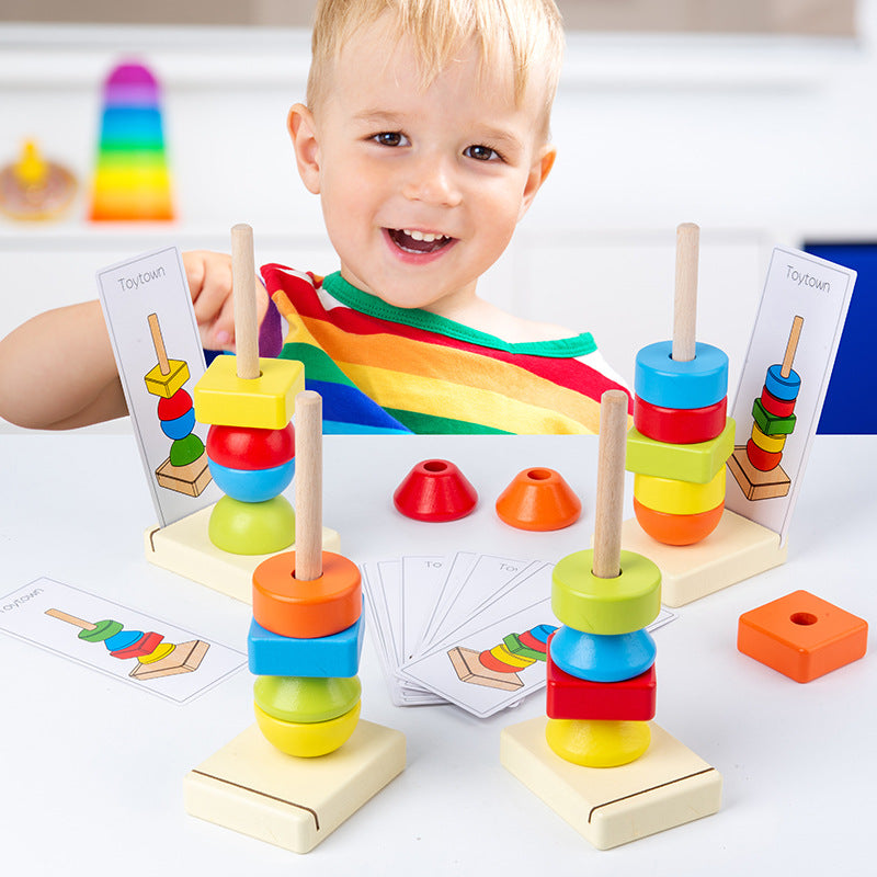 Jumbo Beads Sequencing Four Pillar Shape Stacker With  Flash Cards