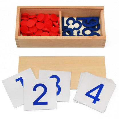 Montessori Wooden Box With Number Cards, Coins and Counters