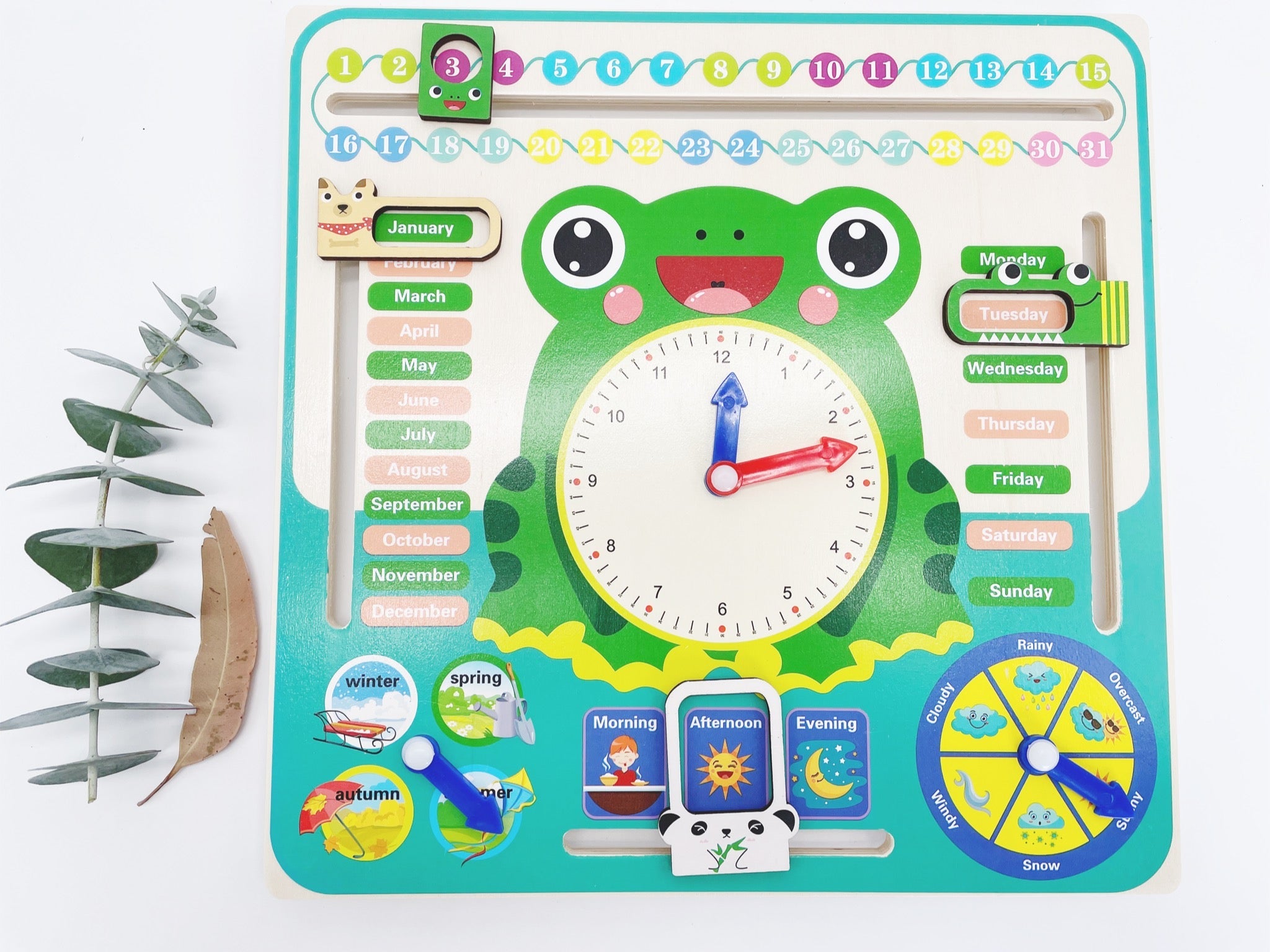 Wooden Learning Clock Calender Season Date & Weather Board