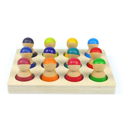 Tabla de clasificación de colores de 12 muñecos de madera tipo peg, colores del arcoíris