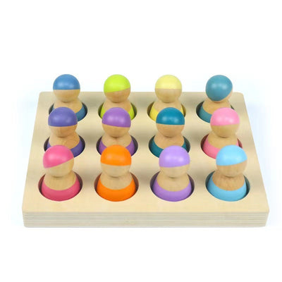 Tabla de clasificación de colores de 12 muñecos de madera tipo peg, colores del arcoíris