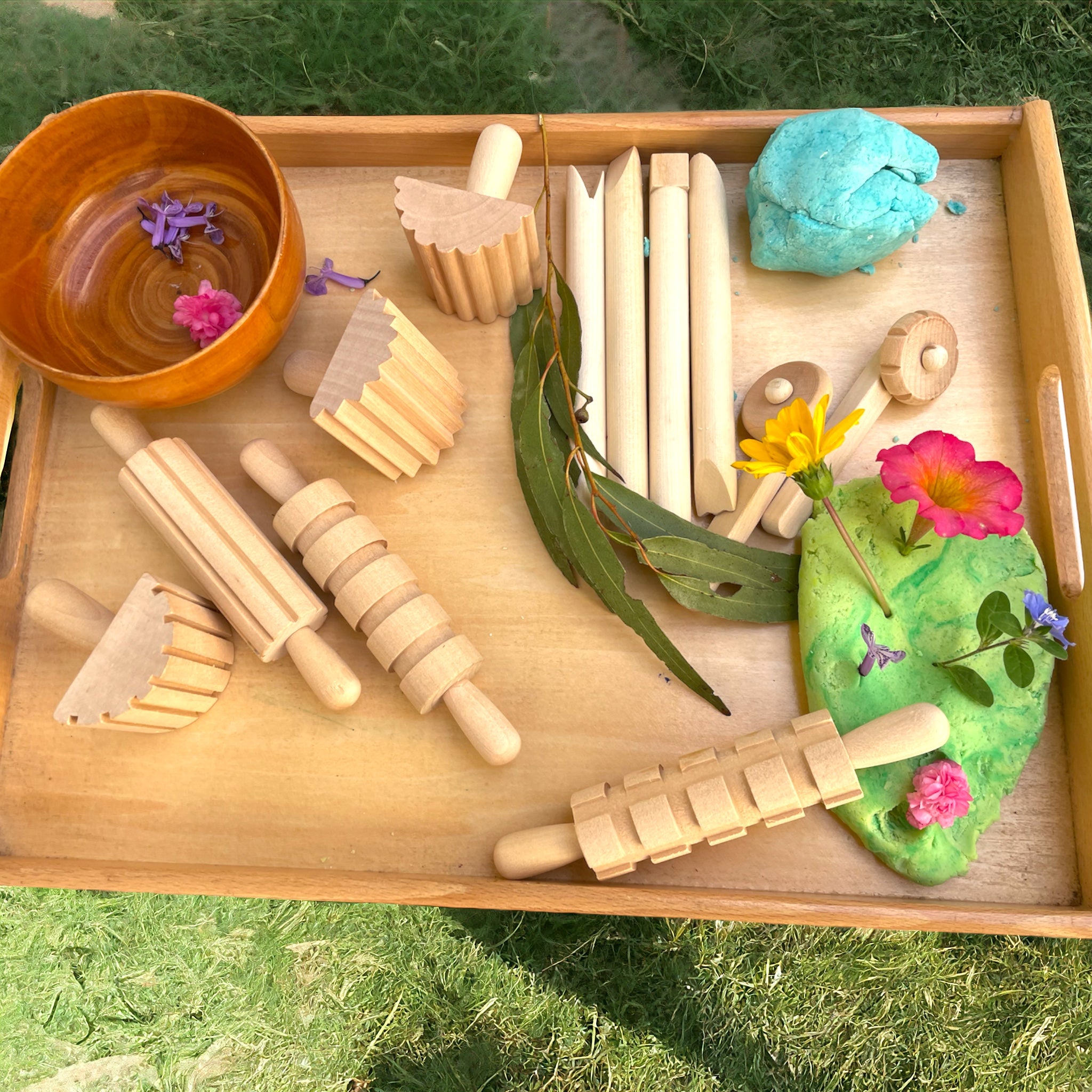 Wooden Sensory Playdough Roller Pin Set Tool Kit 12 pieces