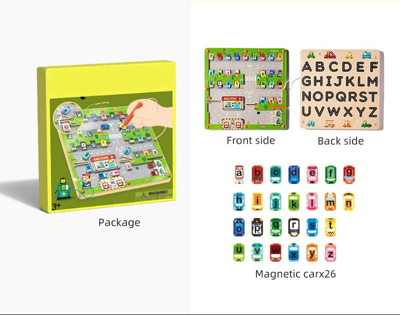 Fidtoy Magnetic Maze Parking Lot Letter Matching Board, Alphabet Car Maze Toy with 26 Letter Cars and Magnetic Pen, Uppercase Lowercase Matching Toy Ages 3+