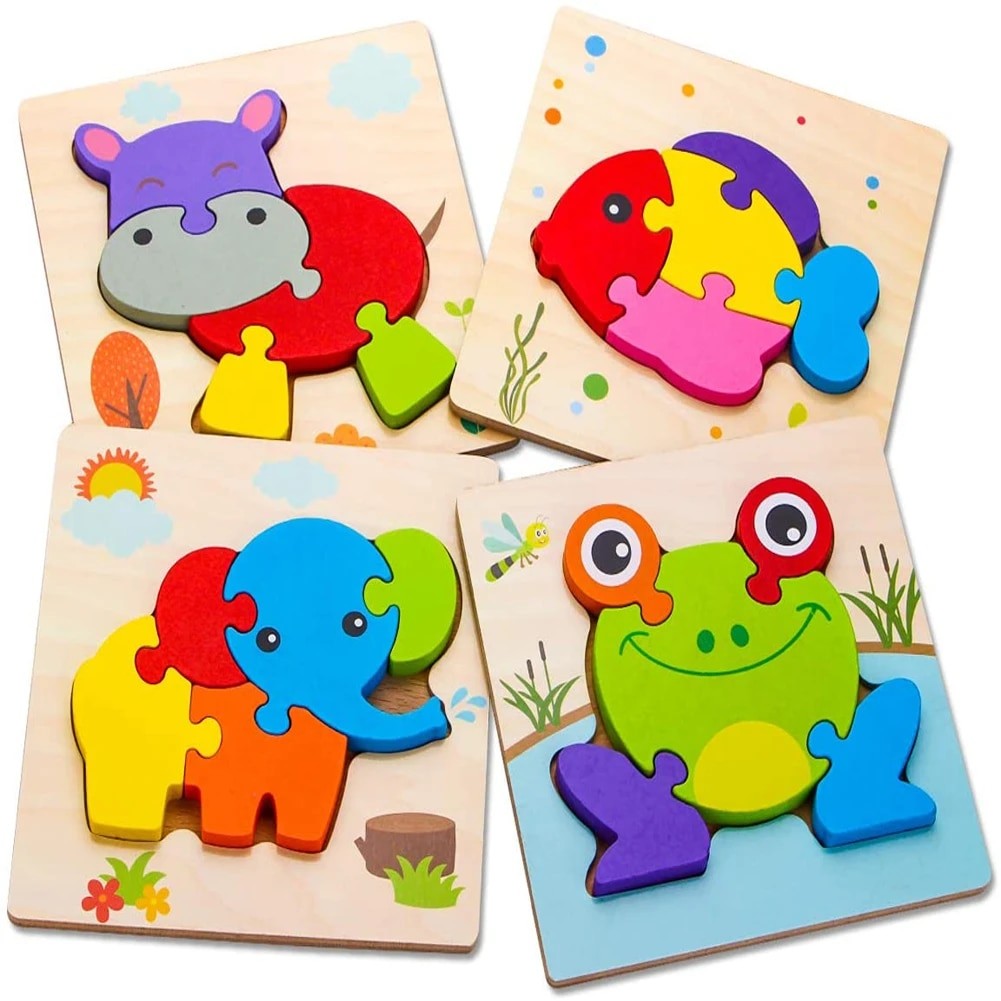Fidtoy Montessori Wooden Animal Puzzle Set for Toddlers 4 Piece 6 Piece 10 Piece Learning Toy