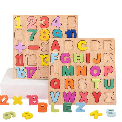 Fidtoy Wooden Alphabet, Numbers & Shapes Puzzle Set for Kids – Montessori Educational Toy for Early Learning
