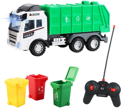 Remote Control Engineering Construction Garbage Truck Vehicle with Three Bins, Light and Sounds Functions Fun Educational Gift for Kids