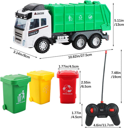 Remote Control Engineering Construction Garbage Truck Vehicle with Three Bins, Light and Sounds Functions Fun Educational Gift for Kids