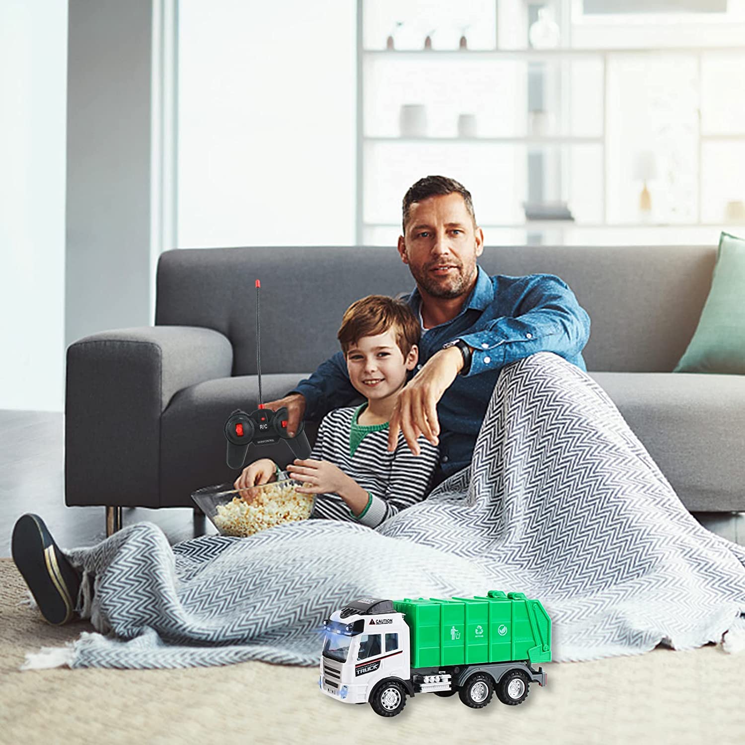 Remote Control Engineering Construction Garbage Truck Vehicle with Three Bins, Light and Sounds Functions Fun Educational Gift for Kids