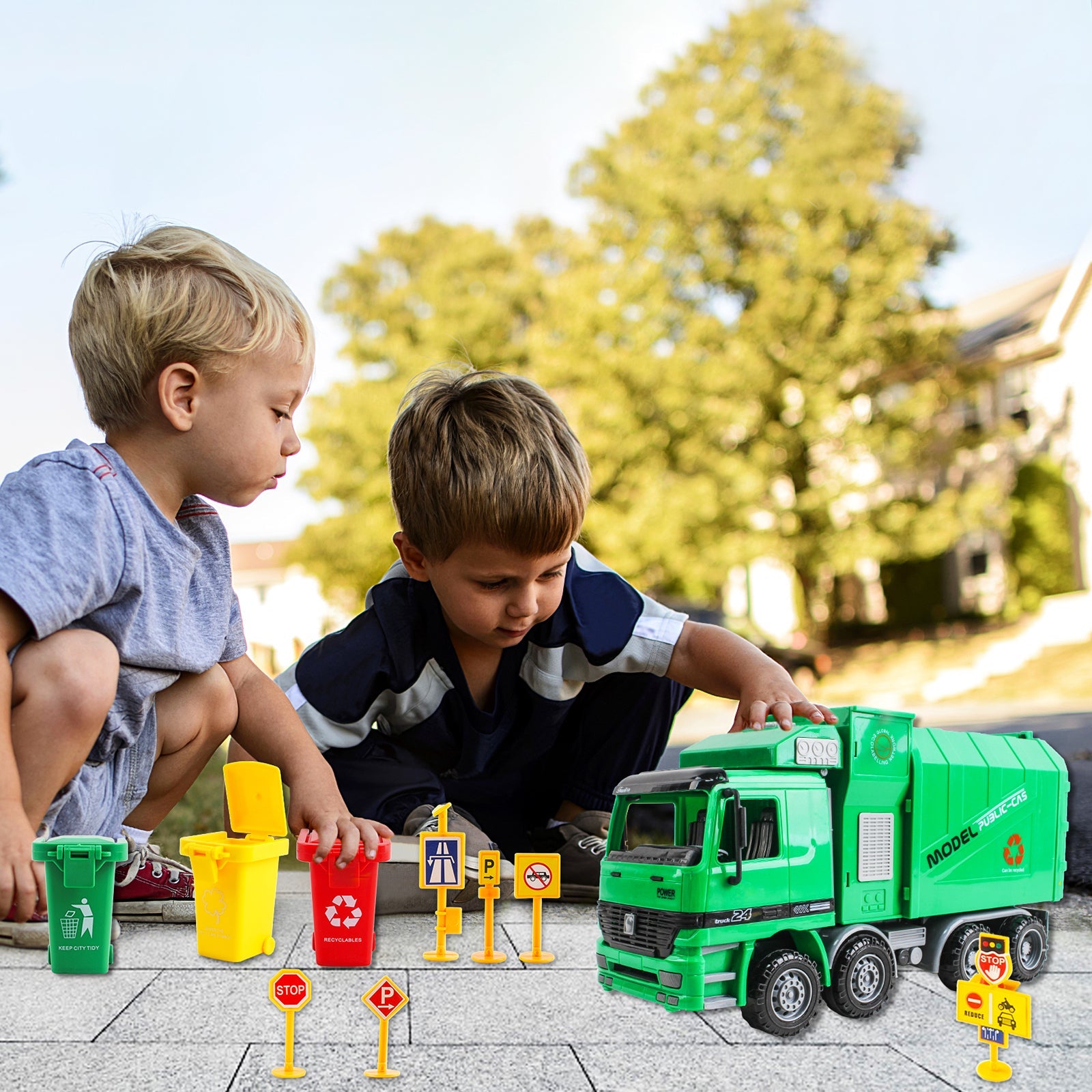 1:10 Scale Friction Powered Engineering Construction Garbage Truck Vehicle Three Bins Inertial Automatic Sensor–Educational Gift for Kids