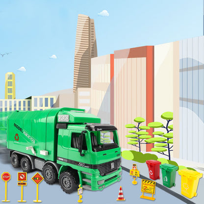 1:10 Scale Friction Powered Engineering Construction Garbage Truck Vehicle Three Bins Inertial Automatic Sensor–Educational Gift for Kids