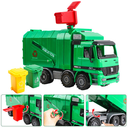 1:10 Scale Friction Powered Engineering Construction Garbage Truck Vehicle Three Bins Inertial Automatic Sensor–Educational Gift for Kids