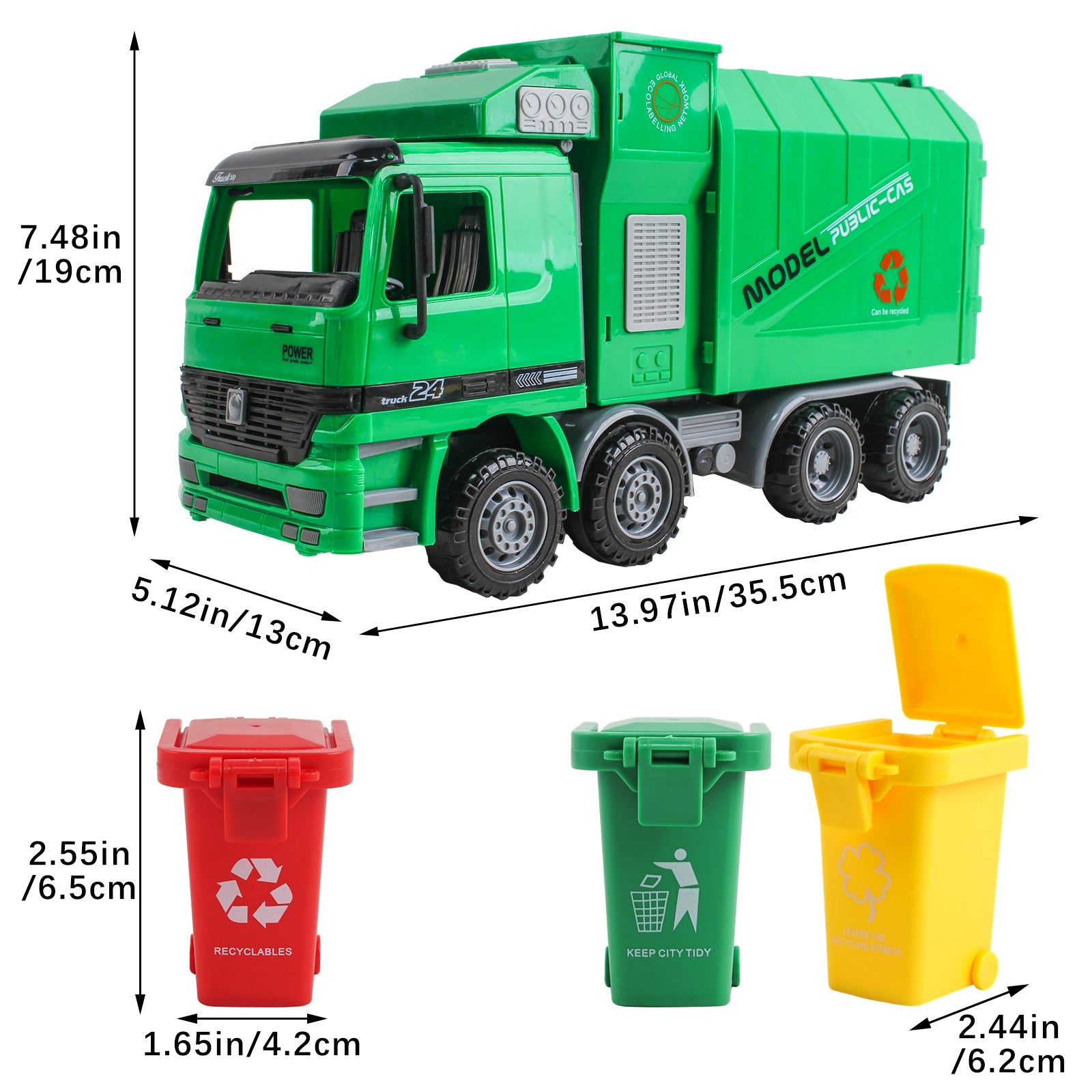 1:10 Scale Friction Powered Engineering Construction Garbage Truck Vehicle Three Bins Inertial Automatic Sensor–Educational Gift for Kids