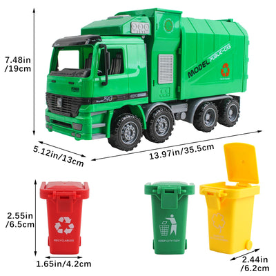 1:10 Scale Friction Powered Engineering Construction Garbage Truck Vehicle Three Bins Inertial Automatic Sensor–Educational Gift for Kids