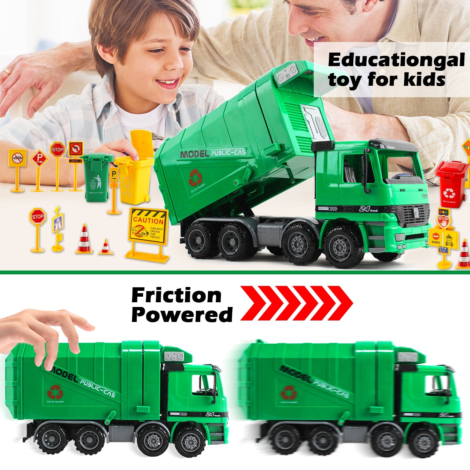 1:10 Scale Friction Powered Engineering Construction Garbage Truck Vehicle Three Bins Inertial Automatic Sensor–Educational Gift for Kids