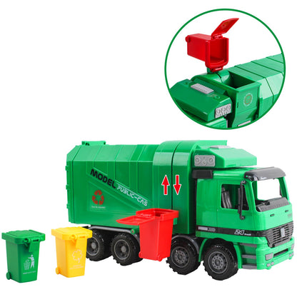 1:10 Scale Friction Powered Engineering Construction Garbage Truck Vehicle Three Bins Inertial Automatic Sensor–Educational Gift for Kids