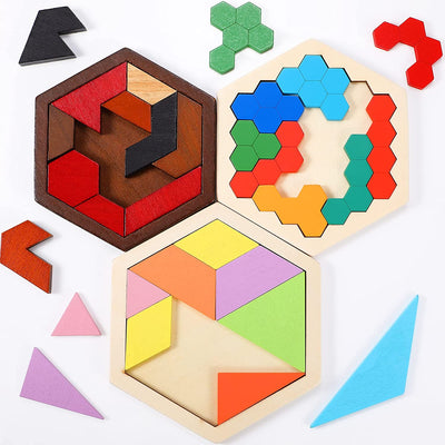 Fidtoy Hexagonal Wooden Tangram Puzzle for Kids 3-6 – Creative Building & Learning Toy