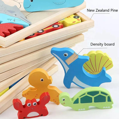 Wooden Marine Animal Puzzle Kids Animal Block Puzzle Square