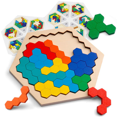 Fidtoy Hexagonal Wooden Tangram Puzzle for Kids 3-6 – Creative Building & Learning Toy