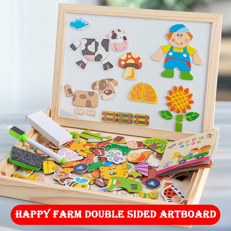 Wooden Multifunction Children Puzzle with Magnetic Writing and Drawing Board and Blackboard