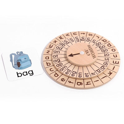 Juego de lectura Montessori con tablero y rueda giratoria de palabras CVC