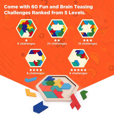 Fidtoy Hexagonal Wooden Tangram Puzzle for Kids 3-6 – Creative Building & Learning Toy