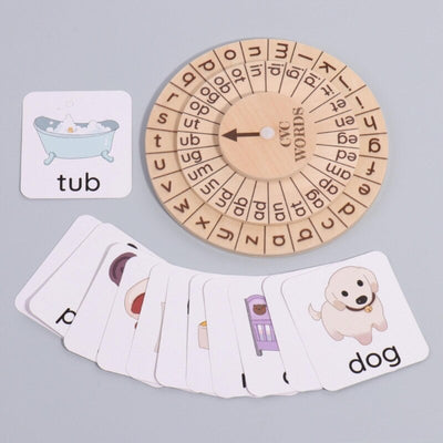Juego de lectura Montessori con tablero y rueda giratoria de palabras CVC